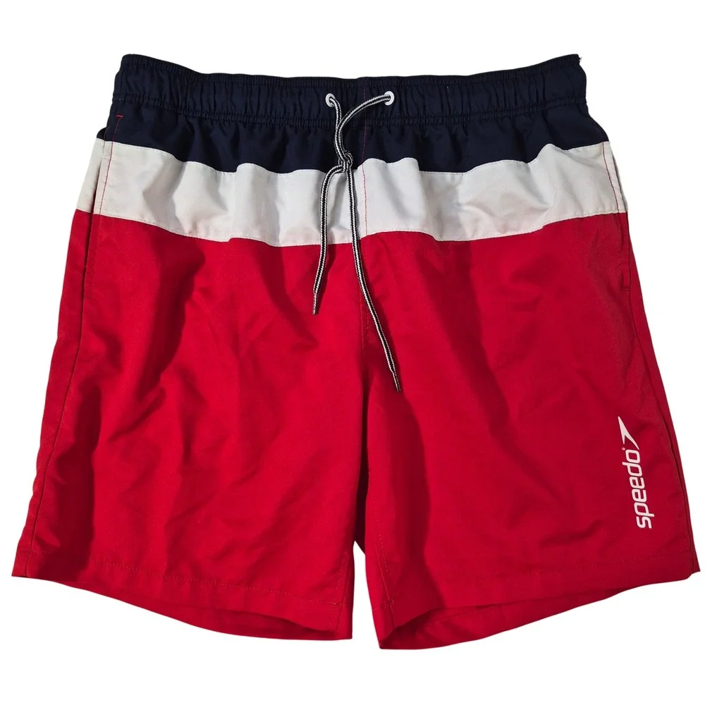Speedo Swim Trunks Men Large Red White Blue Colorblock Board Shorts Lined July 4